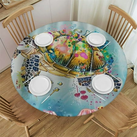 

Palnkart Turtle Sea Life Jellyfish Round Table Cover Stain Resistant Washable Indoor Outdoor Tablecloth Kitchen Dining Wedding Parties Picnic Camping 100% Polyester Fiber 31-35