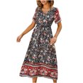 thumbnail image 1 of Pompotops Robe d'Été Décontractée à Manches Courtes Imprimée Boho Col en V avec Ceinture pour Femmes, 1 of 9