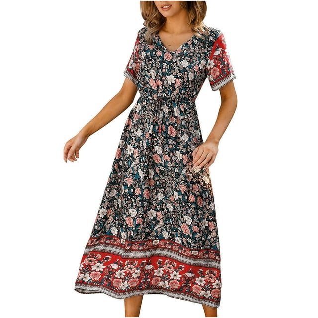 Pompotops Robes d'Été Décontractées à Manches Courtes Boho Imprimées Col en V avec Ceinture pour Femmes