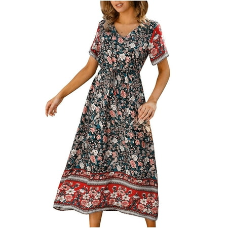 

Dresses for Women Pink Dress for Women Women s Fashion Bohemian Vintage V-neck Loose Short Sleeve Print Ankle-length Dress Dresses for Women Long Dresses for Women Clearance 2023 Multi-color L
