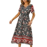 Fesfesfes robes d'été pour femmes bohème Vintage col en V lâche manches courtes imprimé robe longueur cheville