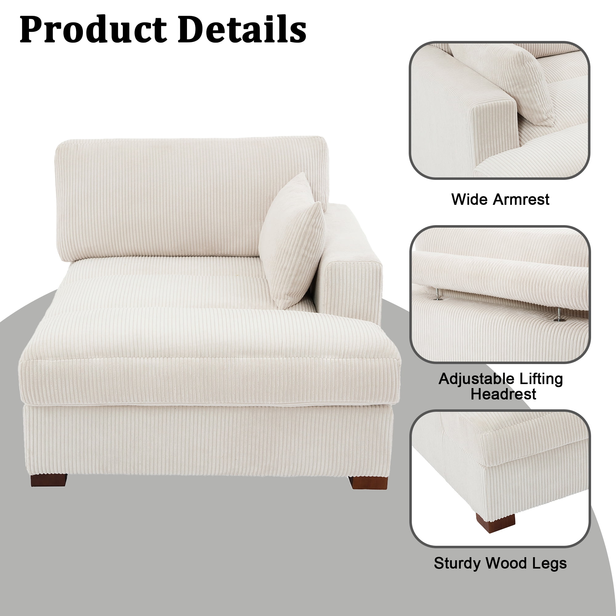 UIXE Chaise Lounge Indoor Upholstered Corduroy Sofa with Left Armrest for Living Room Bedroom, Beige