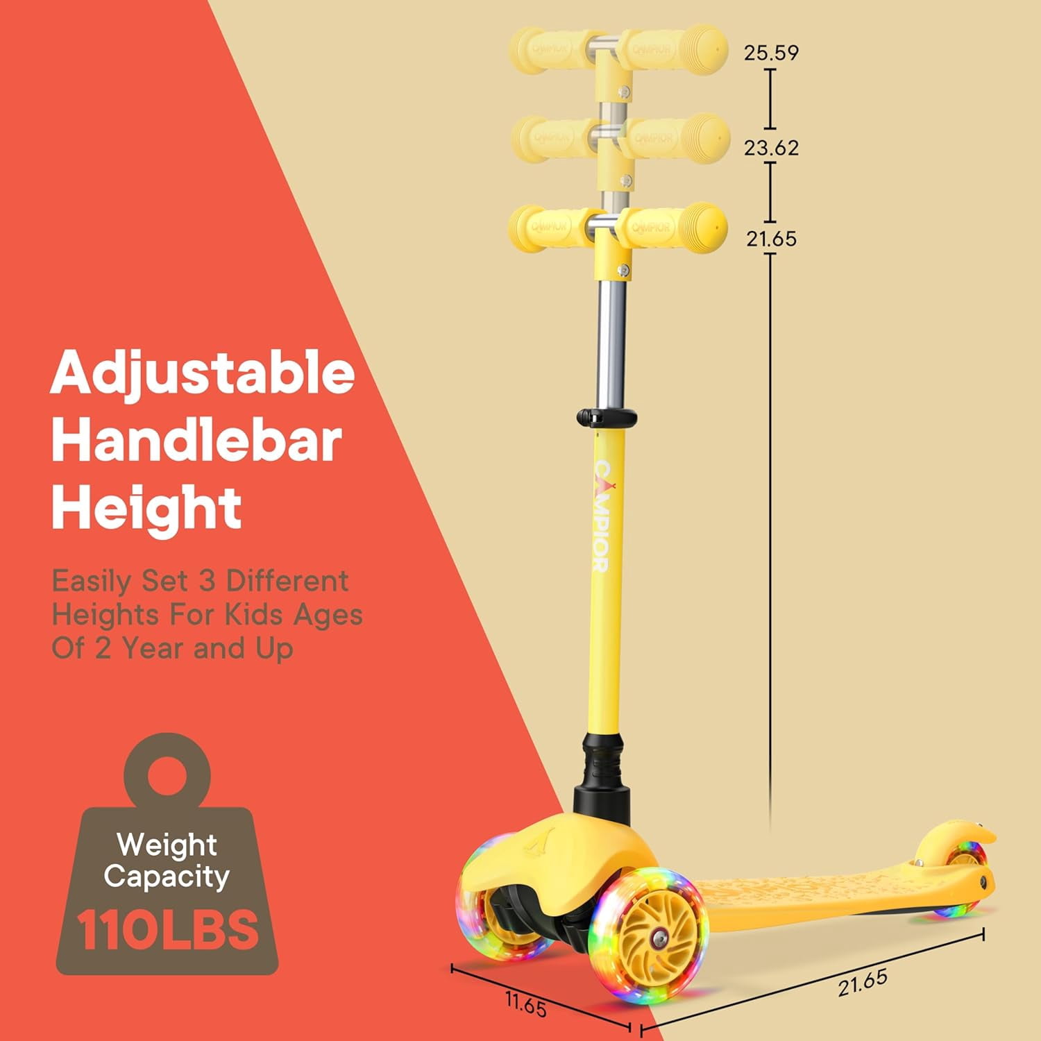 Mini 3 Wheel Kids Scooter with LED Wheels, Adjustable Handlebar 