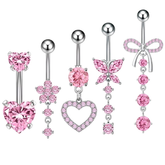 DESIGNICE 5pcs Stainless Steel Belly Button Rings Heart Belly Button Ring Belly Button Navel Piercing Jewelry for Women Beach Pool
