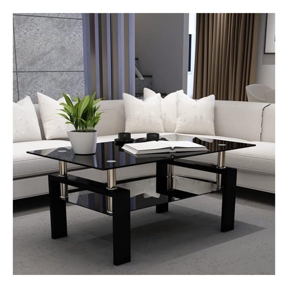 Glass Coffee Table, Black Living Room Rectangle Coffee Table with Tempered Glass & Metal Tube, 2 Layers of Storage Space Modern Tea Table Side Table for Waiting Room Small Space