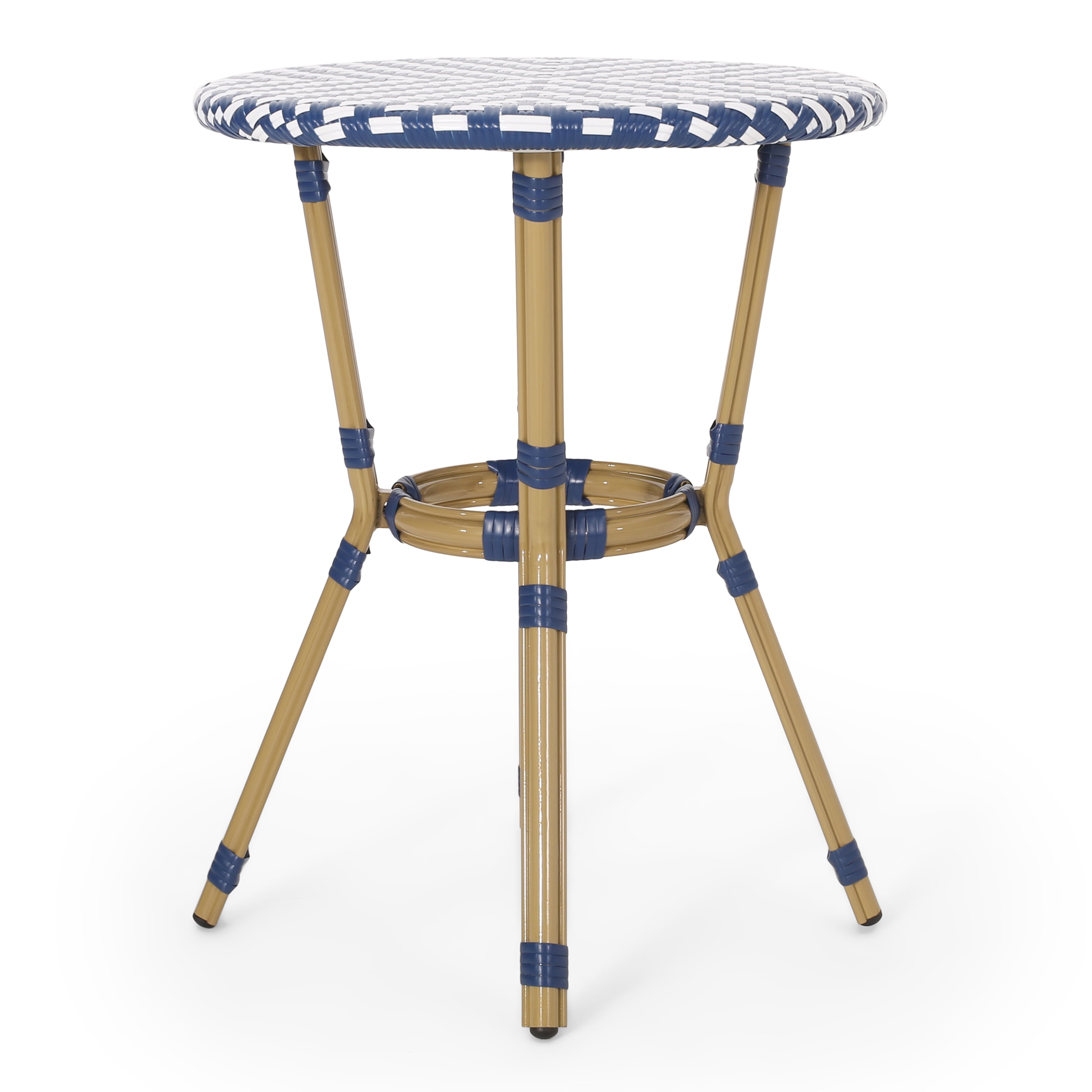 Outdoor Aluminum 3 Piece French Bistro Set, Navy Blue, White, with Bamboo Finish