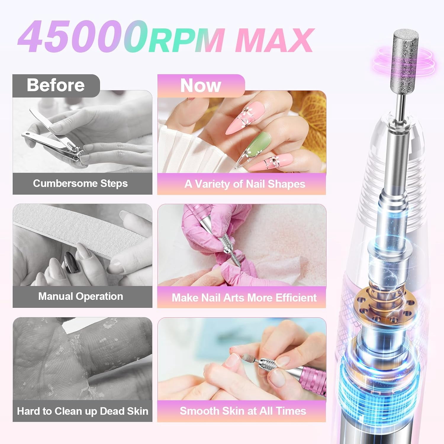 COSITTE 45,000 RPM Portable Electric Nail Drills, LCD Display, Acrylic and Gel Remover, Hand and Foot Care - Pink