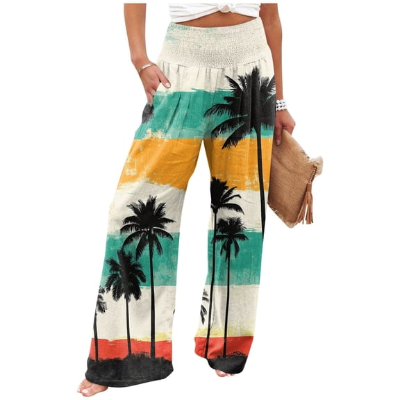 Women Palm Tree Wide Leg Pants High WaistTrousers Casual Boho Palazzo Pants Lounge Elastic Waist Pants Comfy Flower Print Dresses Pants
