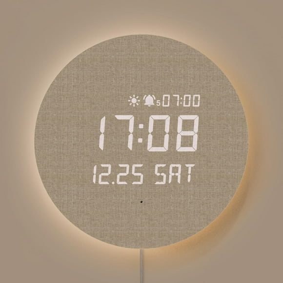 mooas Wooden Frame LED Silent Wall Clock with Remote, Backlit Nightlight, Modern Digital LED Wall Clock Display Sunrise Alarm Melody 5 Brightness for Bedroom Living Room Office Decor-Light Wood