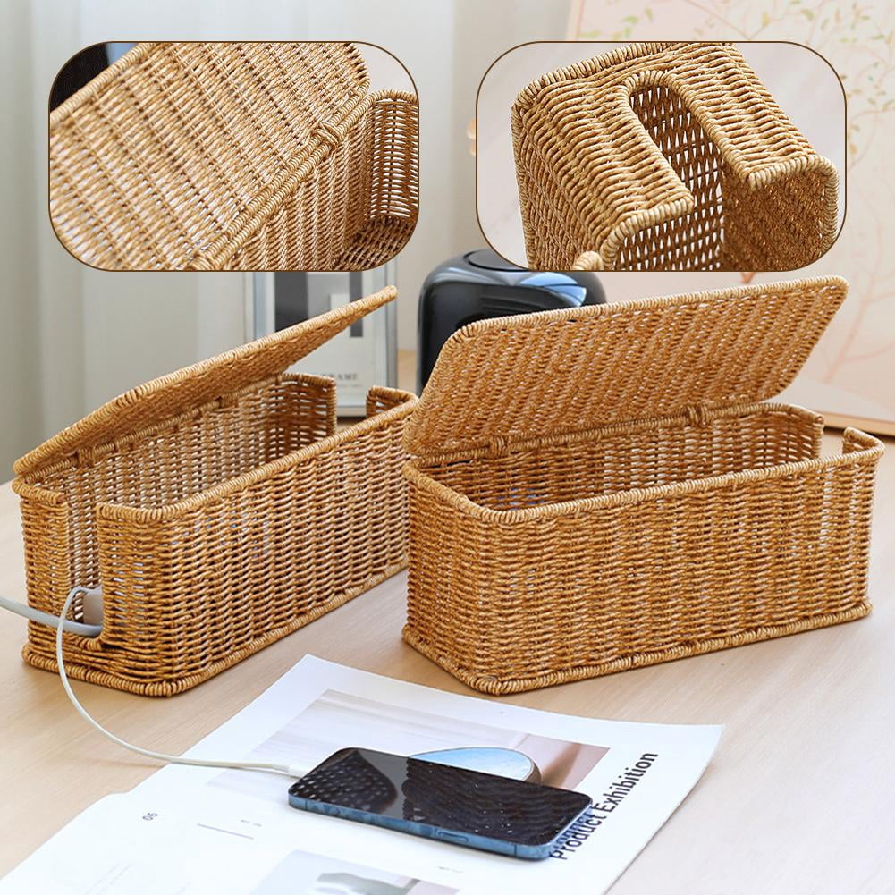 kkiuop Hand-Woven Charging Station Storage Box Cable Management Basket For USB Accessories Data Cables Cables Office Organizer