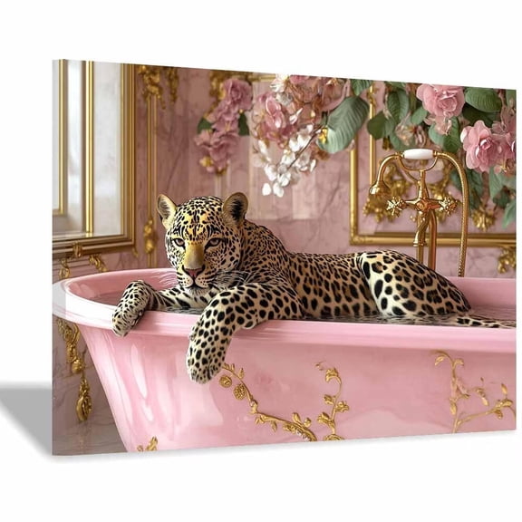 Mudket Framed Leopard in Pink Gold Bathtub Canvas Wall Art, Trendy Leopard Print Bathroom Wall Decor, Animal Wall Art for Bedroom, Ready to Hang - 12"L x 8"W
