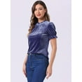 thumbnail image 4 of DARING DIVA Ruffle Collar Short Sleeve Velvet Blouse M Dusty Purple Blue, 4 of 6