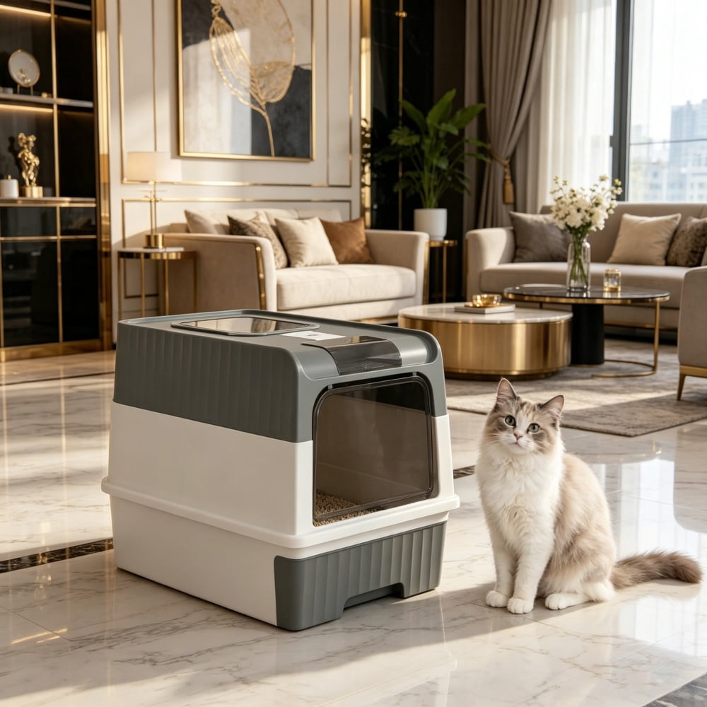 ZephyPaws Upgraded Fully Enclosed Cat Litter Box with Lid,Covered Cat Box Enclosure,Anti-Splashing Easy to Clean Kitty Litter Boxes with Drawer, can Use from Kitten to Adult(White Gray)