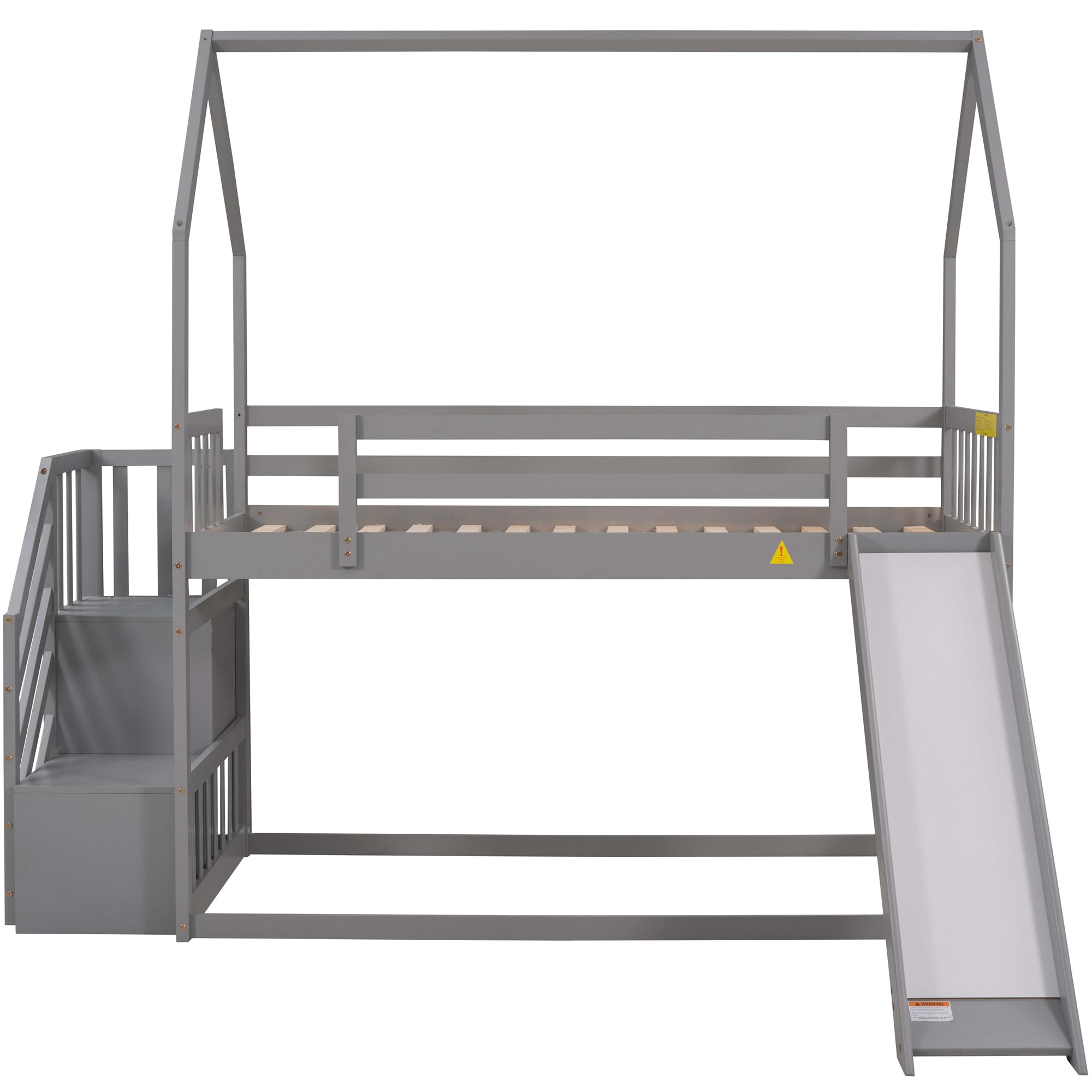 EUROCO Twin House Bunk Bed with Staircase for Kids Teens Bedroom, Solid Wood Bunk Bed with Storage, Gray