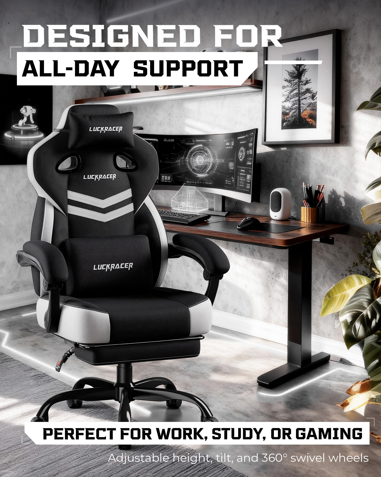 LUCKRACING Fabric PC Gaming Chair with Footrest and Lumbar Support, Black