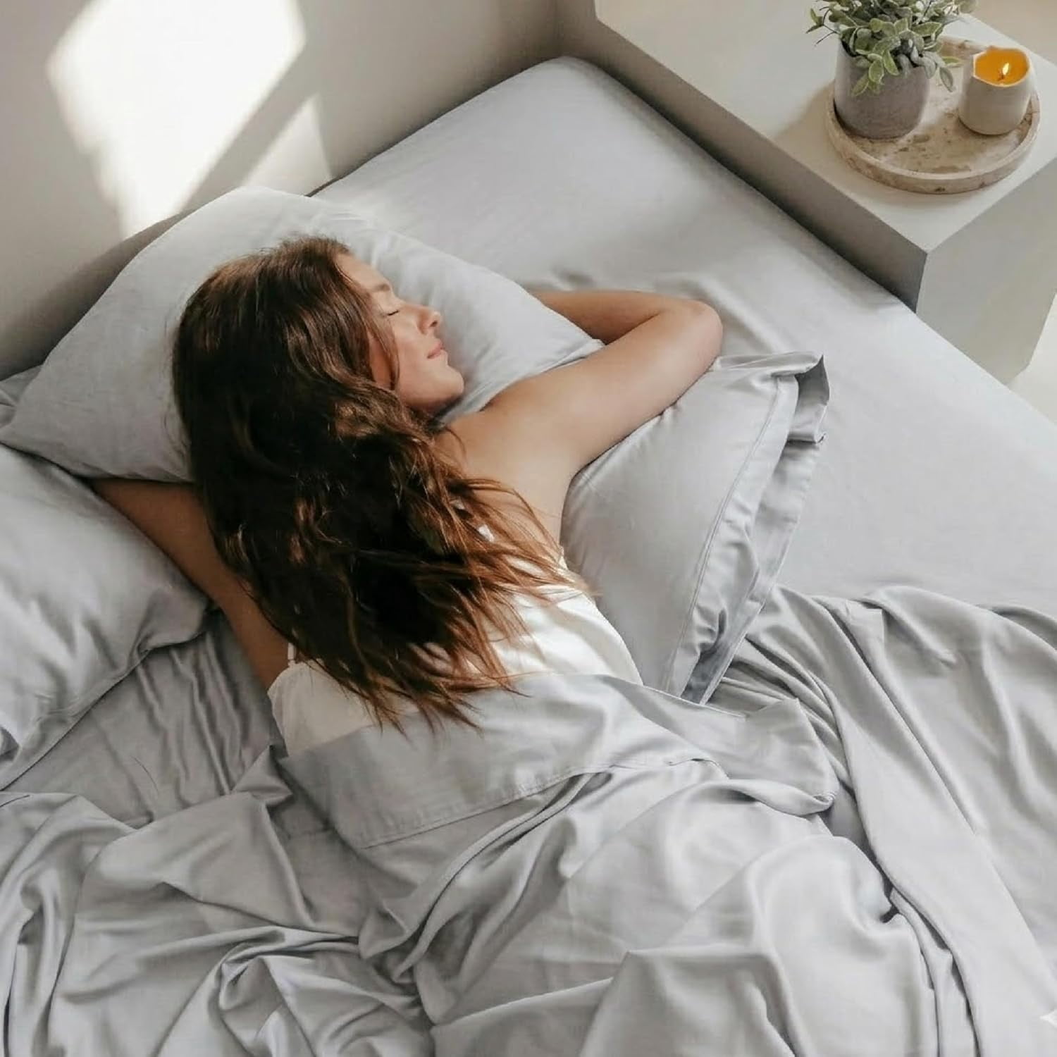 100% Viscose derived from Bamboo 4PC Sheet Set - 400 Thread Count Cooling Bed Sheets - Silky Soft & Breathable - 15-Inch Deep Pockets Fitted Sheet - Olympic Queen - Light Grey