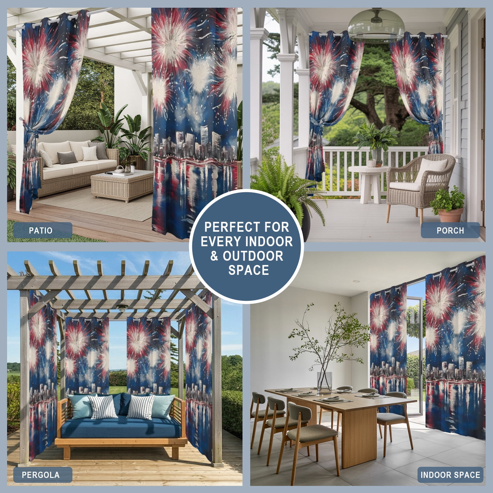 Independence Day Outdoor Curtains for Patio, Fireworks City Night Scene Patriotic Sunshade Privacy Drapes Grommet Waterproof Outside Curtains for Porch/Cabana/Balcony 54"x 108", 1 Panel