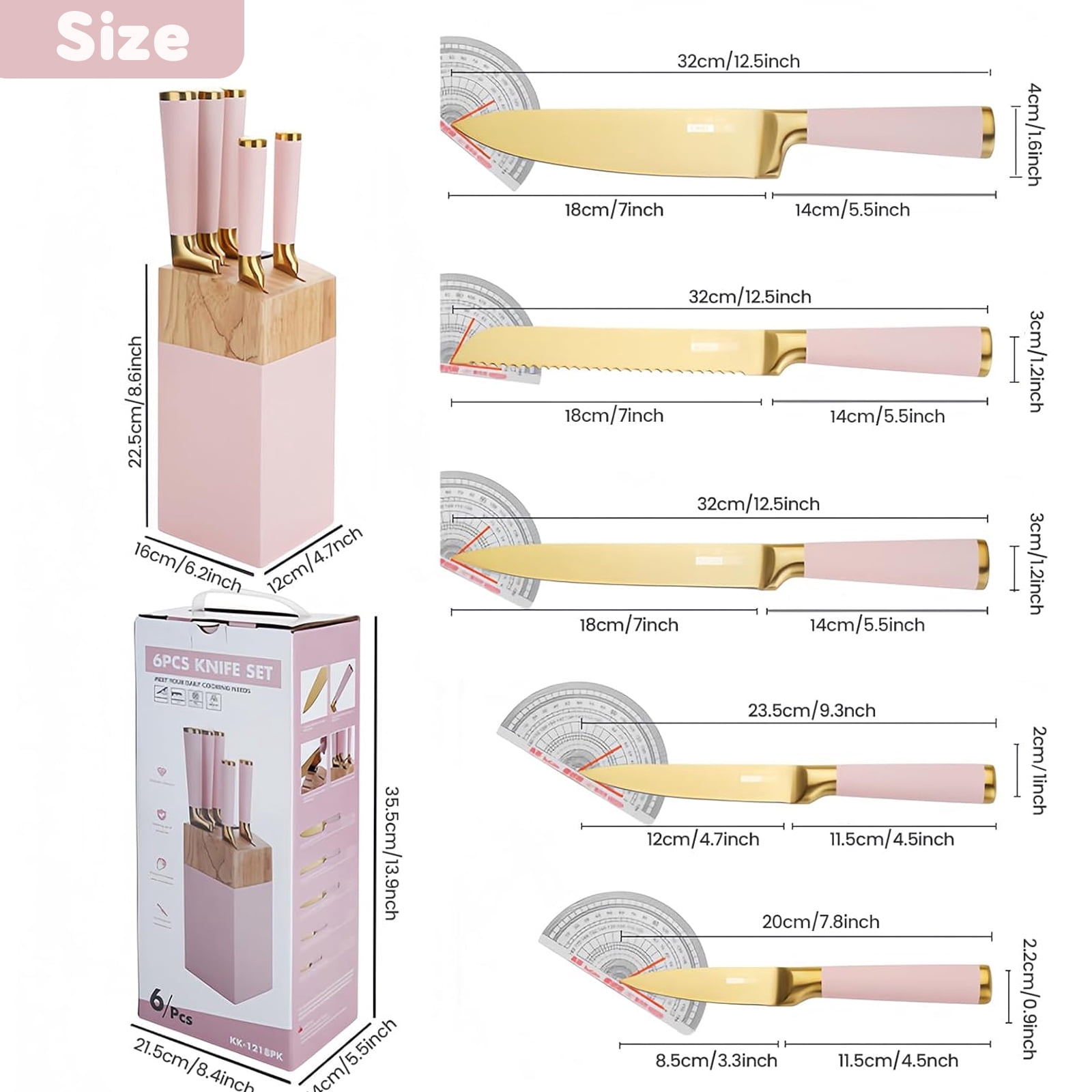 Kitchen Knife Set, 6-Pieces Golden Titanium Coated Knife Block Set with Wood Knife Block & Built-in Sharpener, Stainless Steel Sharp Chef Knife Set, Pink Knives Set for Home Kitchen