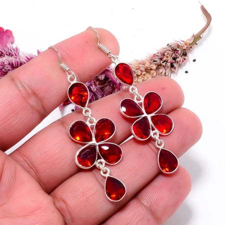Red Garnet Gemstone 925 Sterling Silver Handmade Earring 2.42" E314