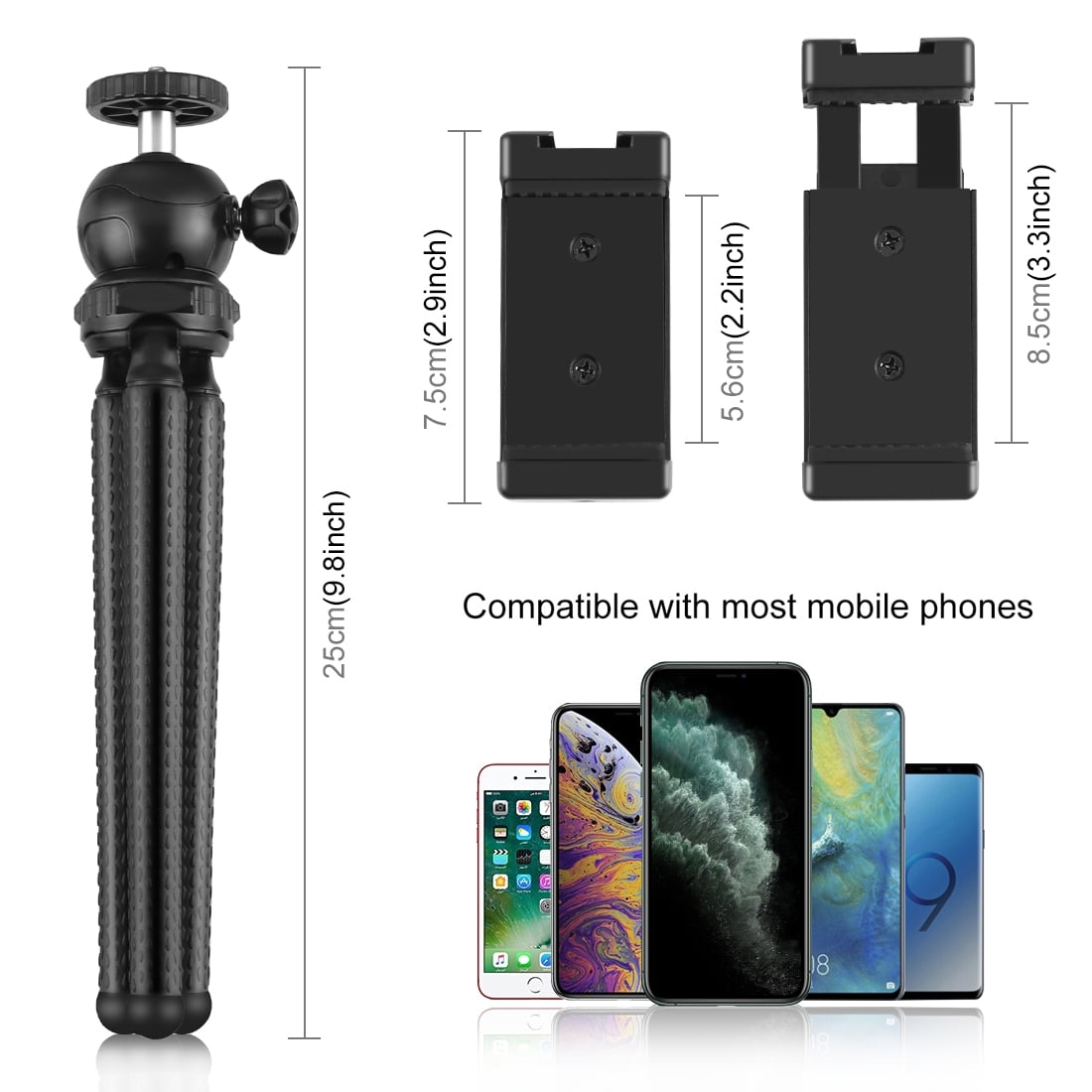 QKOO Mini Octopus Flexible Tripod Holder with Ball Head & Phone Clamp + Tripod Mount Adapter &