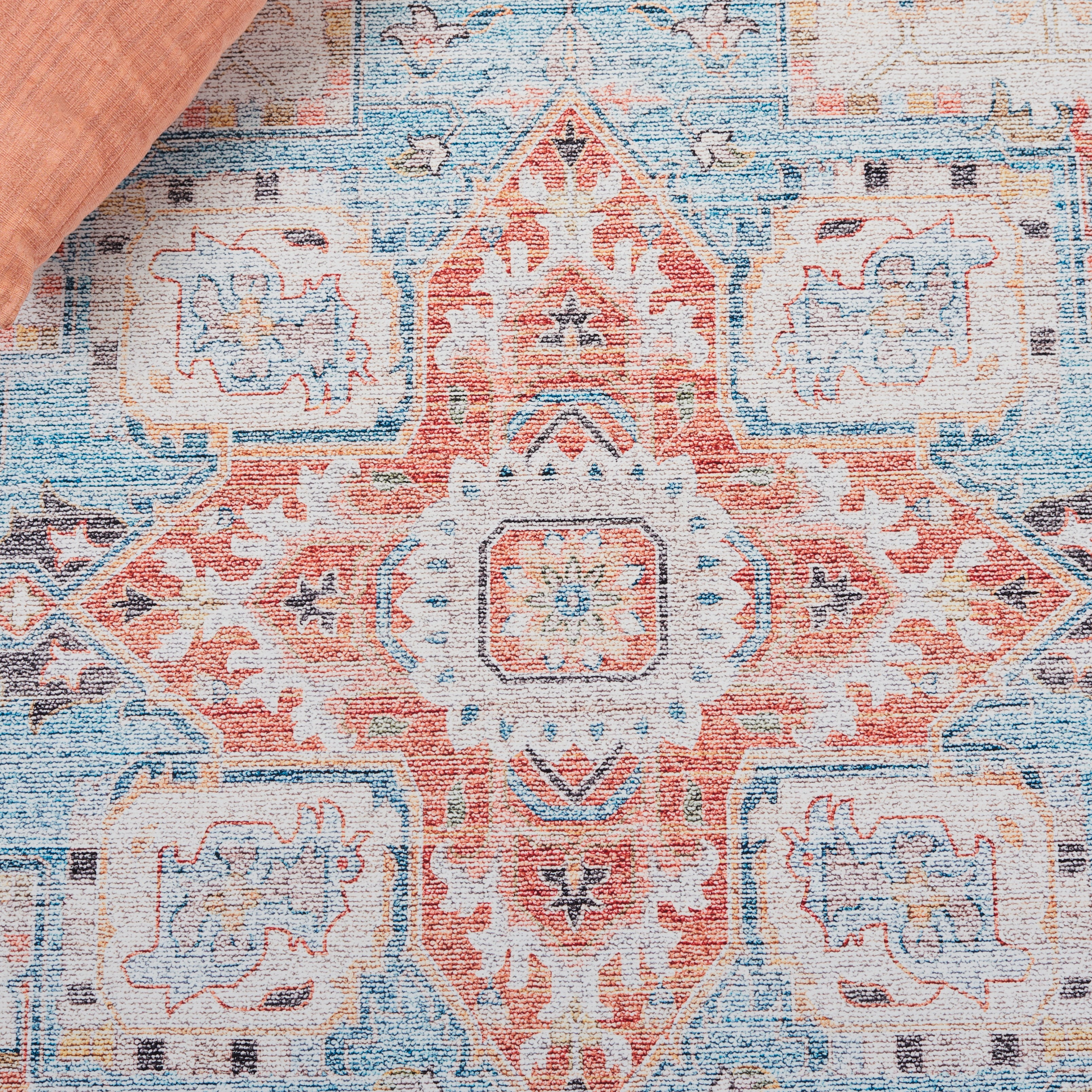 SAFAVIEH Tucson Alyx Oriental Machine Washable Area Rug, Turquoise/Rust, 6' x 6' Round