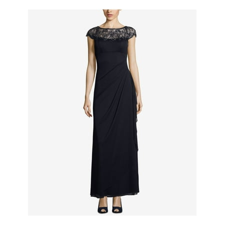 XSCAPE Womens Navy Embellished Illusion Gown Cap Sleeve Jewel Neck Maxi Sheath Evening Dress Petites Size: 10P