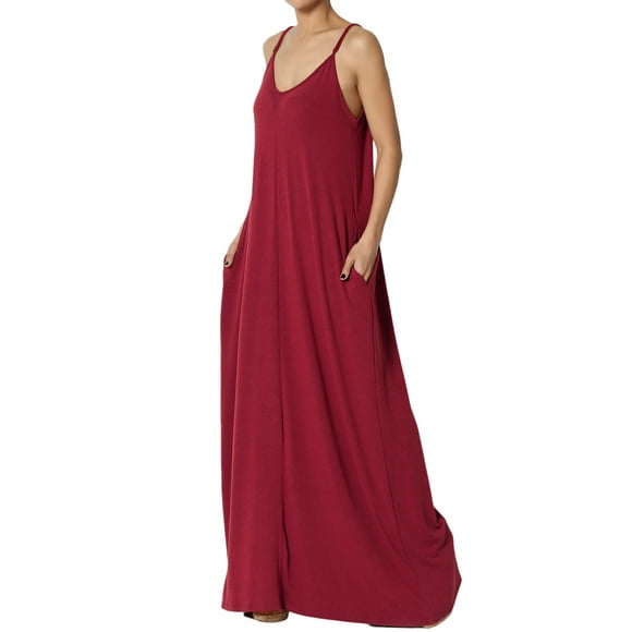 TheMogan Women's S~3X V-Neck Draped Jersey Casual Beach Cami Long Maxi Dress W Pocket