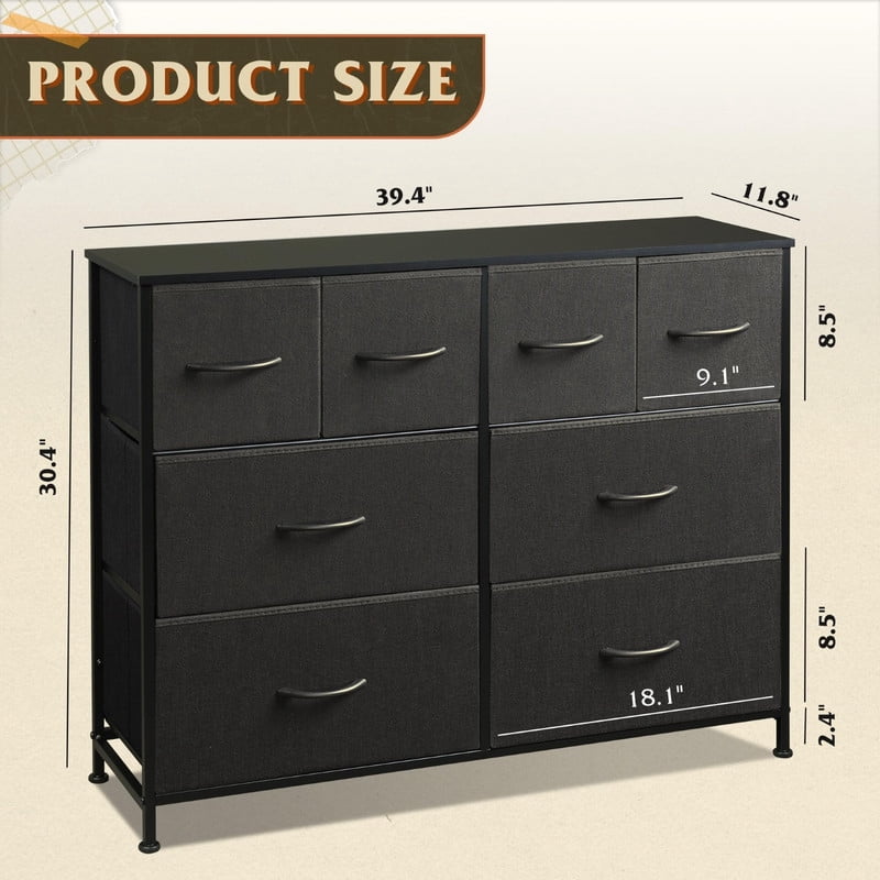 Kelno 8 Drawers Fabric Dresser Wide Wood Top Cabinet Storage Tower Metal Frame Clothes Organizer for Bedroom Living Room,Black