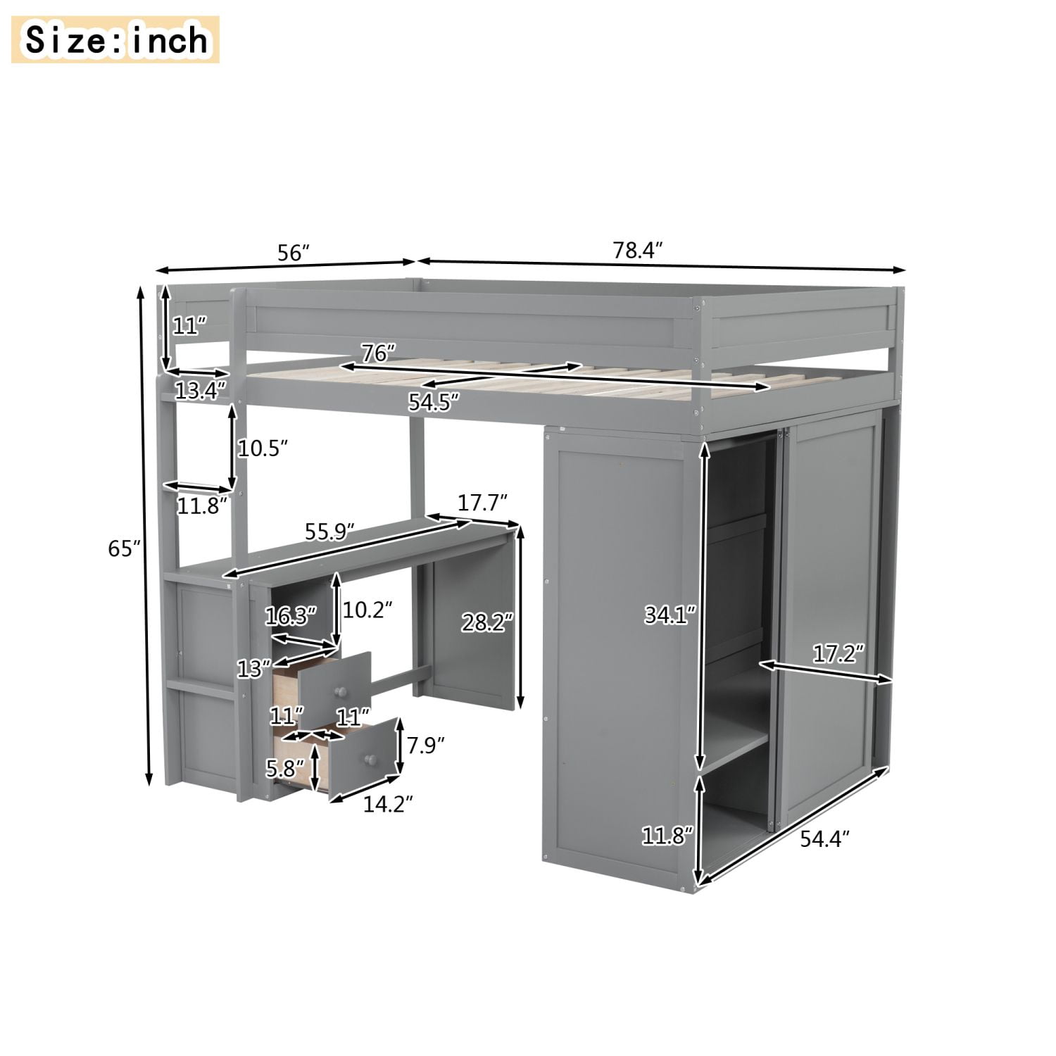 Asteroutdoor Wood Full Size Loft Bed with Wardrobes, 2-Drawer Desk, and Cabinet, Gray, 78.4 in L x 56 in W x 65 in H