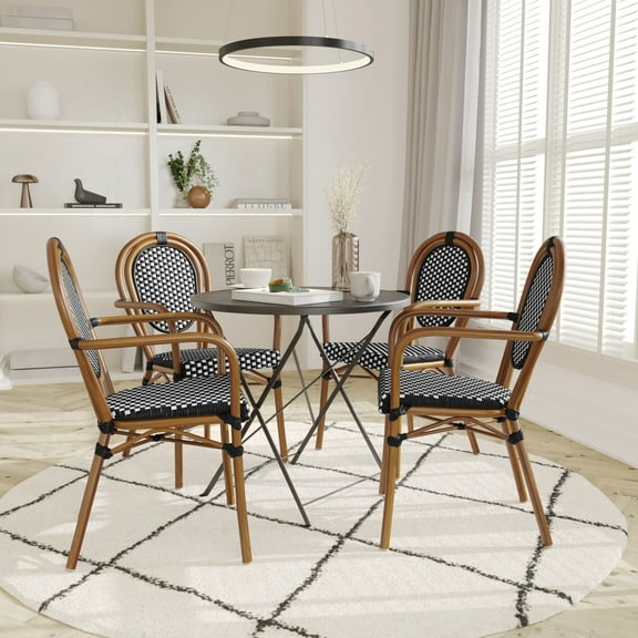 Emma Oliver Set of Four Indoor/Outdoor Stacking Thonet Bistro Style Chairs with Arms, Black & White PE Rattan Seat and Natural Finished Metal Frame