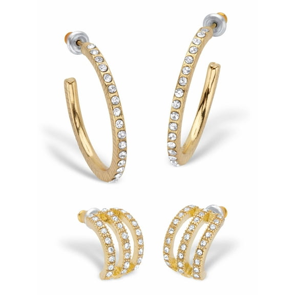 PalmBeach Jewelry Round Crystal 2-Pair Demi-Hoop Earring Set in Goldtone (1/2"-1 1/8")