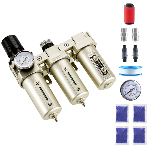 KFFKFF Air Compressor Filter Regulator, 1/2" NPT 3-Stage Air Drying System with 5μm, 0.3μm, and 0.1μm Filters, Desiccant Dryer, Manual Drain, and 175 PSI Maximum Pressure