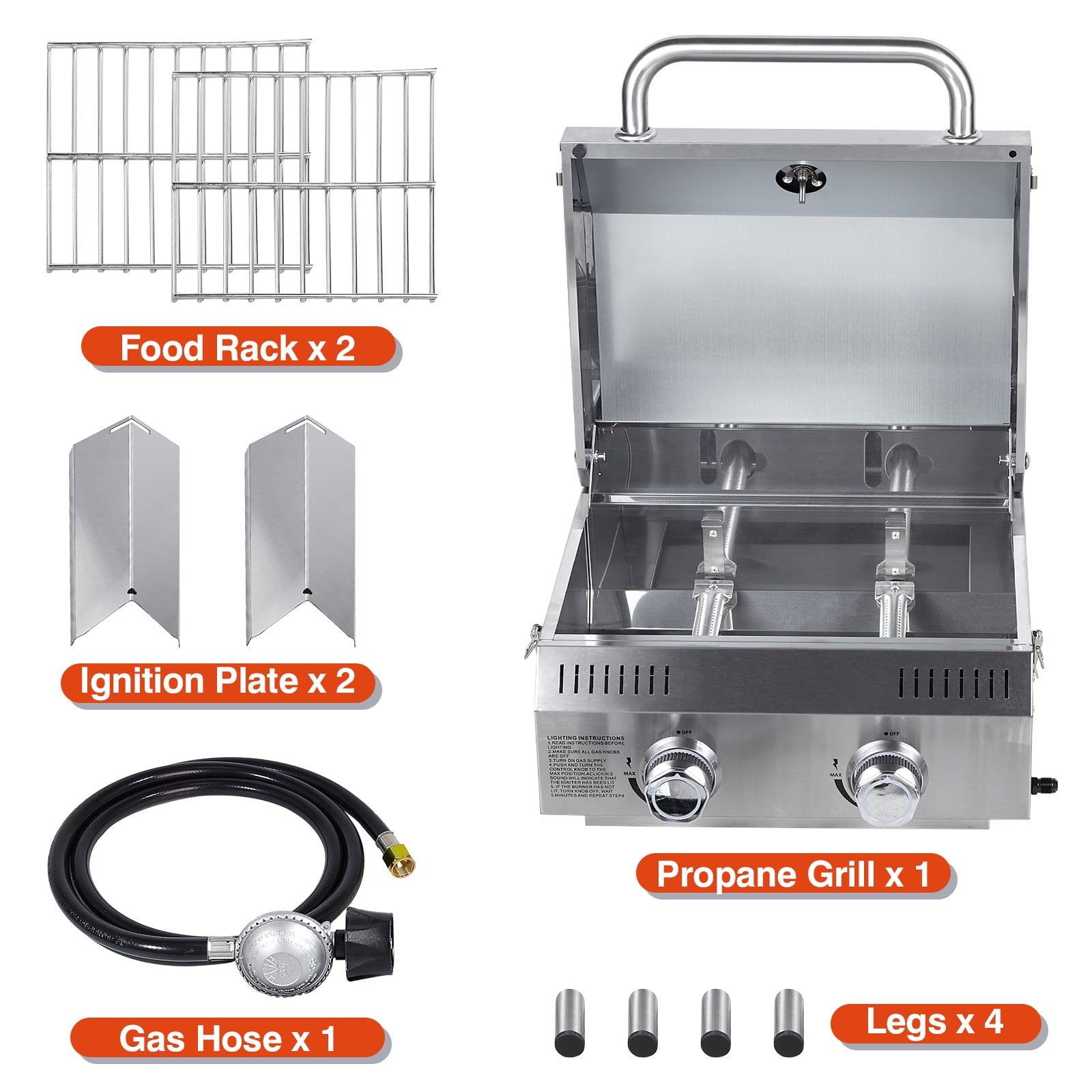 Frizi Portable 2-Burner Tabletop Propane Grill for Patio, 20,000 BTU, Stainless Steel, Camping & Tailgating