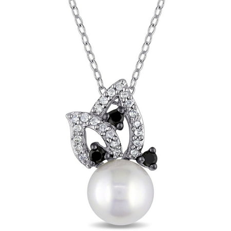 9-9.5mm White Cultured Freshwater Pearl and 1/4 Carat T.W. Black and White Diamond 10kt White Gold Floral Pendant, 17