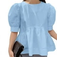 thumbnail image 4 of VONDA Women Elegant Pleated Solid Color Ruffled Hem Tops O-Neck Puff Sleeve Blouse, 4 of 4