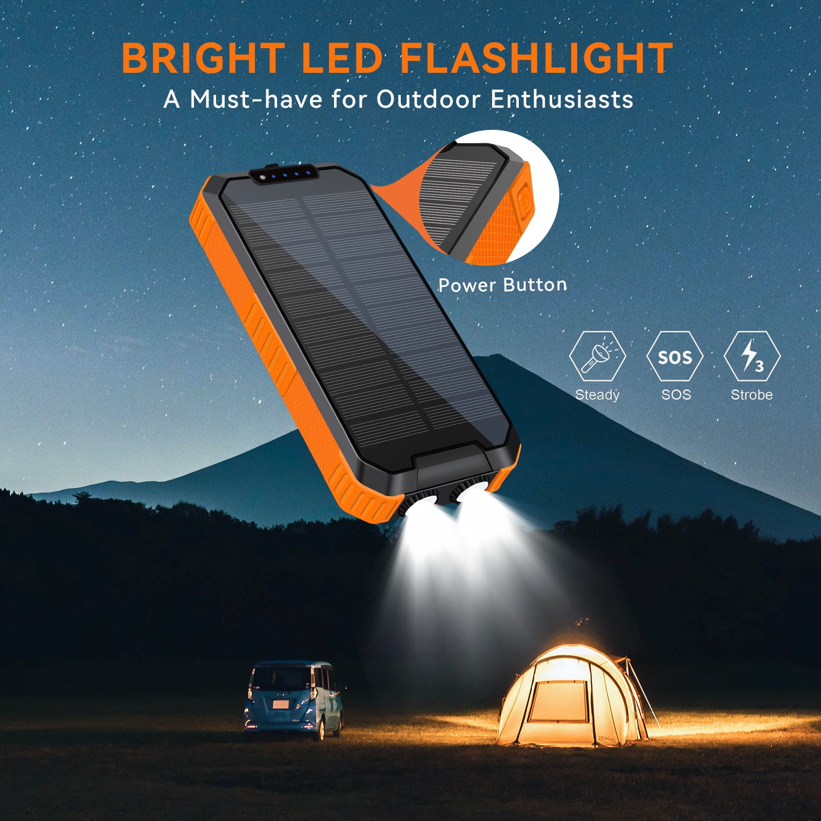 49800mAh Solar Power Bank Portable Solar Charger Built in 3 Cables and 5W Wireless Charger Power Bank,Built-in Super Bright Flashlight,Battery Pack Suitable for Outdoor Camping Hiking(Orange﻿)