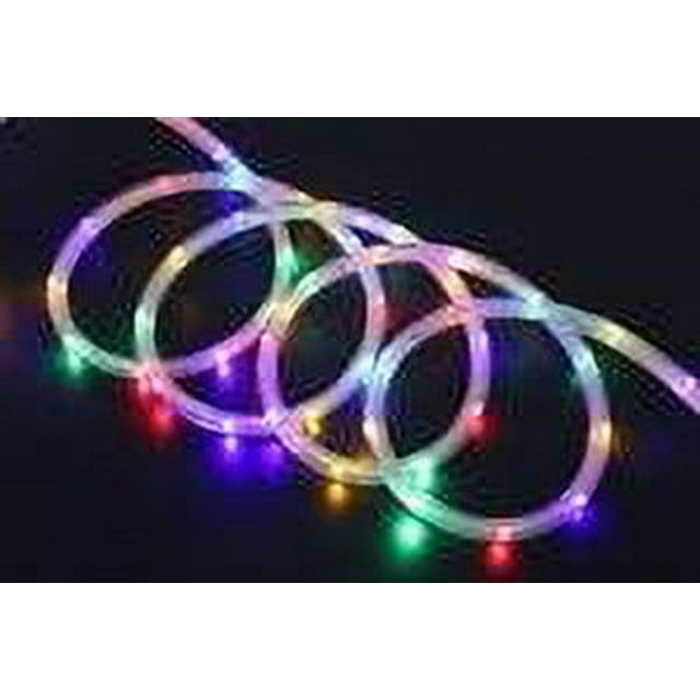 Holiday Time 18 ft super bright multicolor LED rope lights arranged in loops against a dark background.