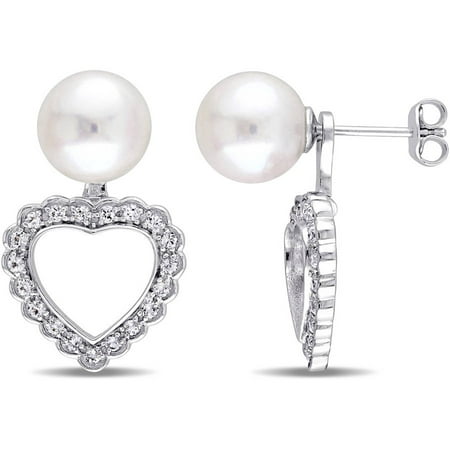 Miabella 8-8.5mm White Round Cultured Freshwater Pearl and 1-1/8 Carat T.G.W. White Topaz Sterling Silver Heart Earrings