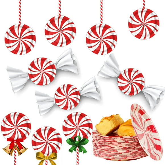 Platos de papel Wiooffen, 48 unidades, 7 pulgadas, con forma de caramelo navideño y menta