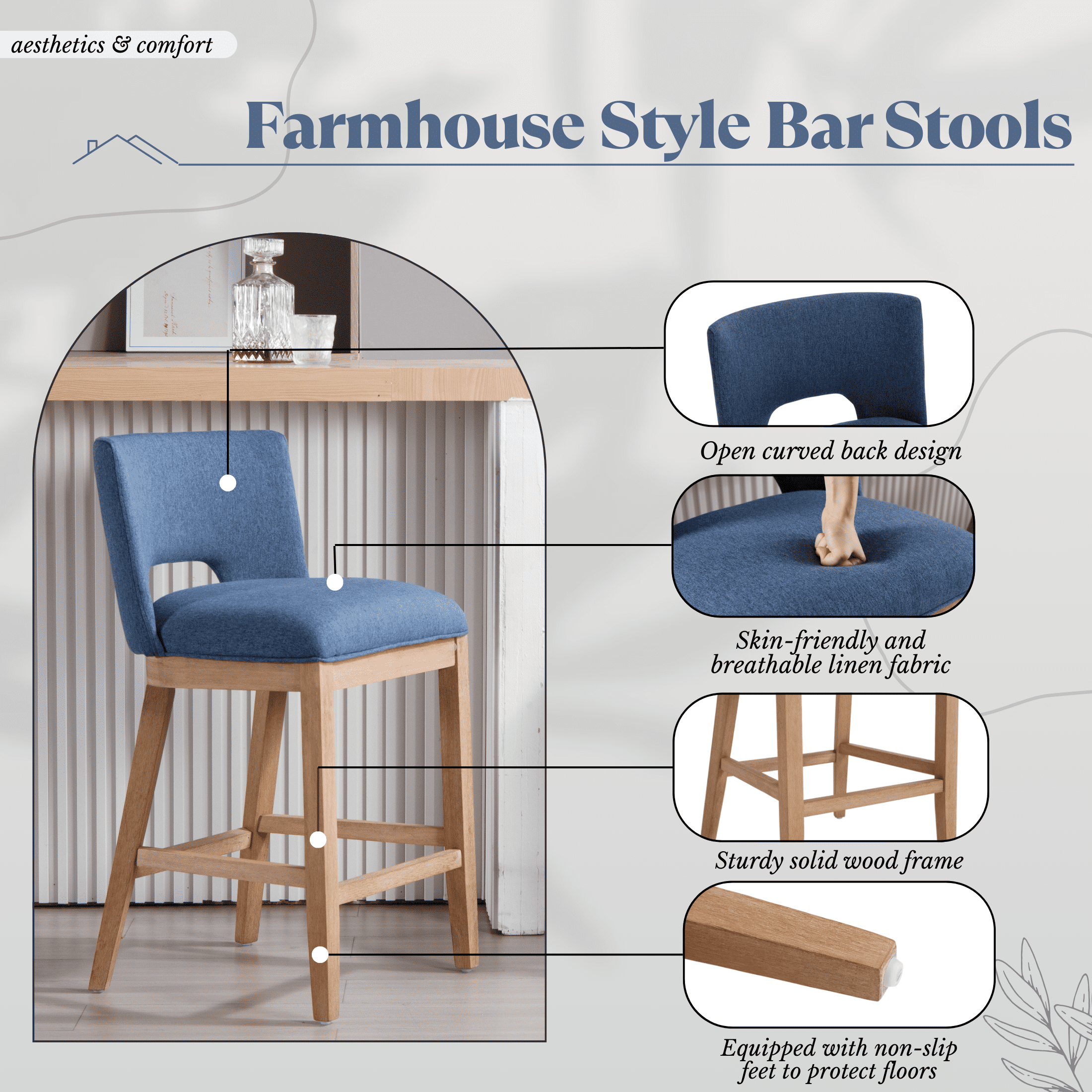 Guyou Linen Bar Stools Set of 2, 26" Modern Counter Height Barstools, Farmhouse Wooden Kitchen Island Chairs with Open Back for Restaurant Kitchen Bar, Blue