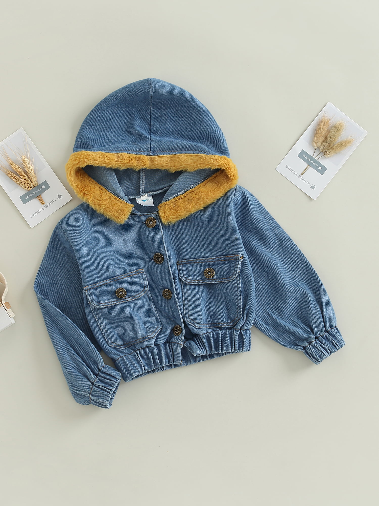 Toddler Baby Denim Jacket for Girls, Blue Long Sleeve Single Breasted Hooded Coat with Flap Pockets - image 3 of 6