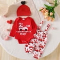 thumbnail image 2 of Valentine's Day Boys Girls Outfit Heart Print Long Sleeve Romper Suspender Pants Hat 3Pcs Toddler First Valentines Outfit Red 9 Months-12 Months, 2 of 7