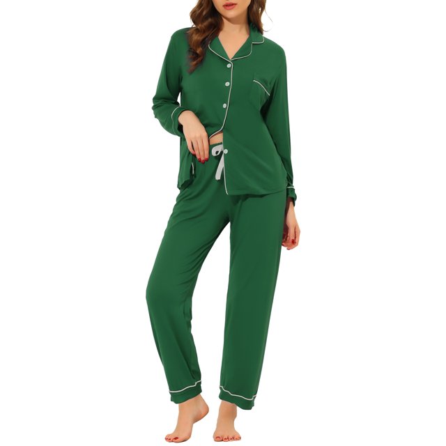 INSPIRAR CHIC Pijamas de Dormir para Mujeres Modal con Botones de Manga Larga y Pantalones Conjunto de Ropa de Casa L Verde