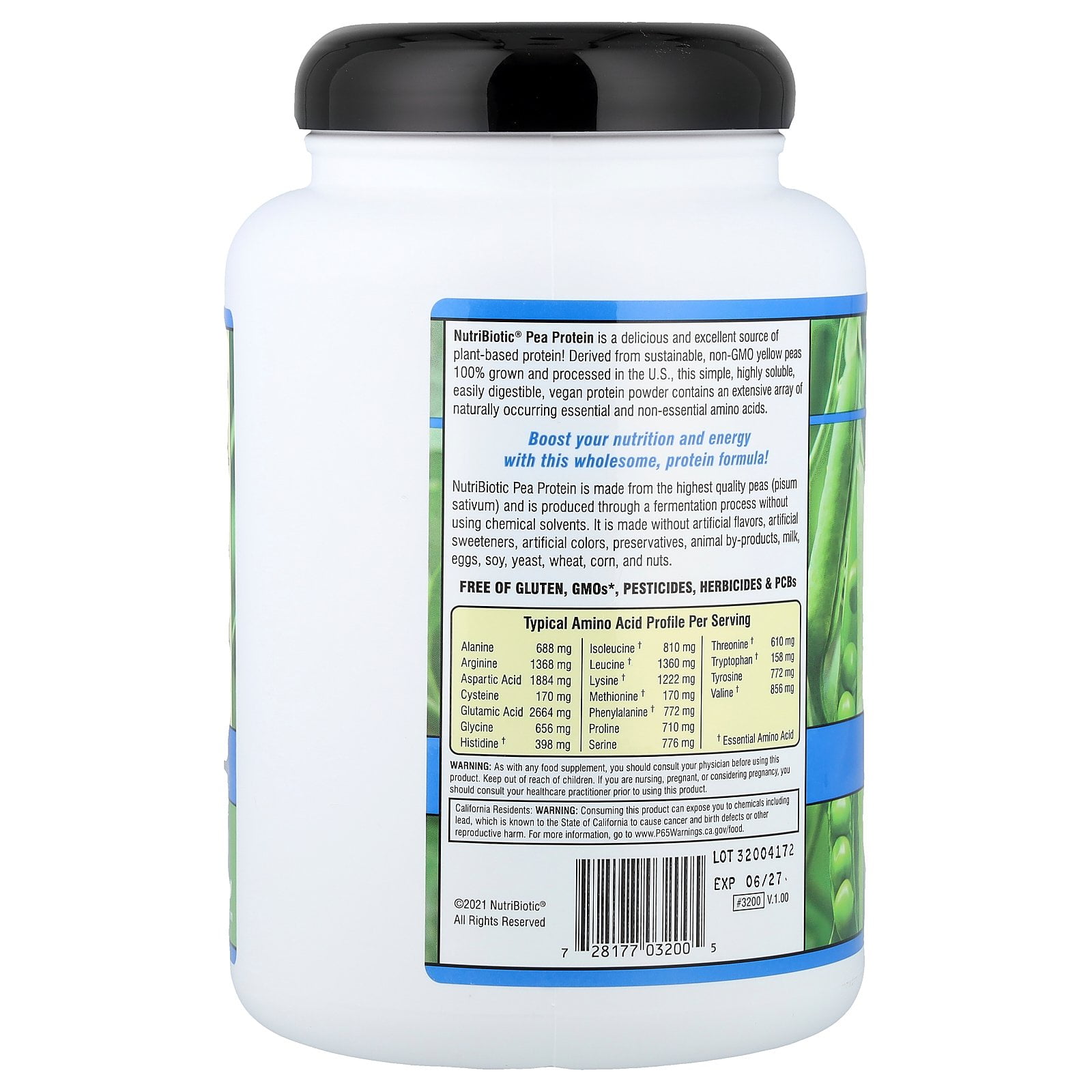 NutriBiotic Pea Protein Powder, Plain, 1 lb 5.16 oz (600 g)