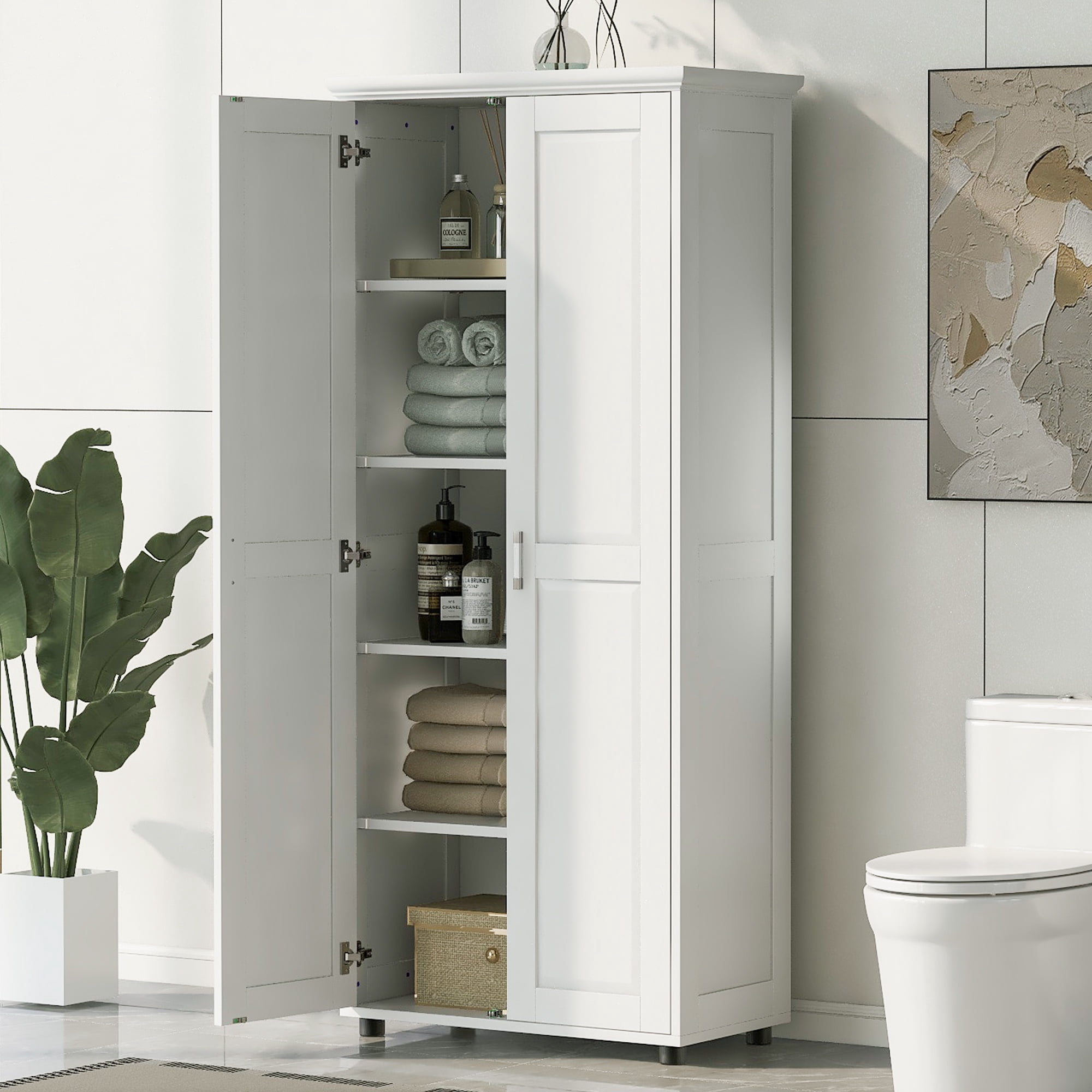 Bellemave Wooden Storage Cabinet with Two Doors and Adjustable Shelves Freestanding Tall Storage Cabinet for Bathroom, Kitchen, Living Room, Floor Cabinet for Home Office, White