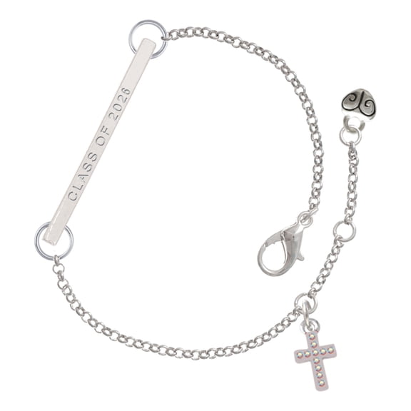 Delight Jewelry Silver-tone Small AB Crystal Cross - Silvertone Class of 2026 Delicate Bar Bracelet, 8.5"