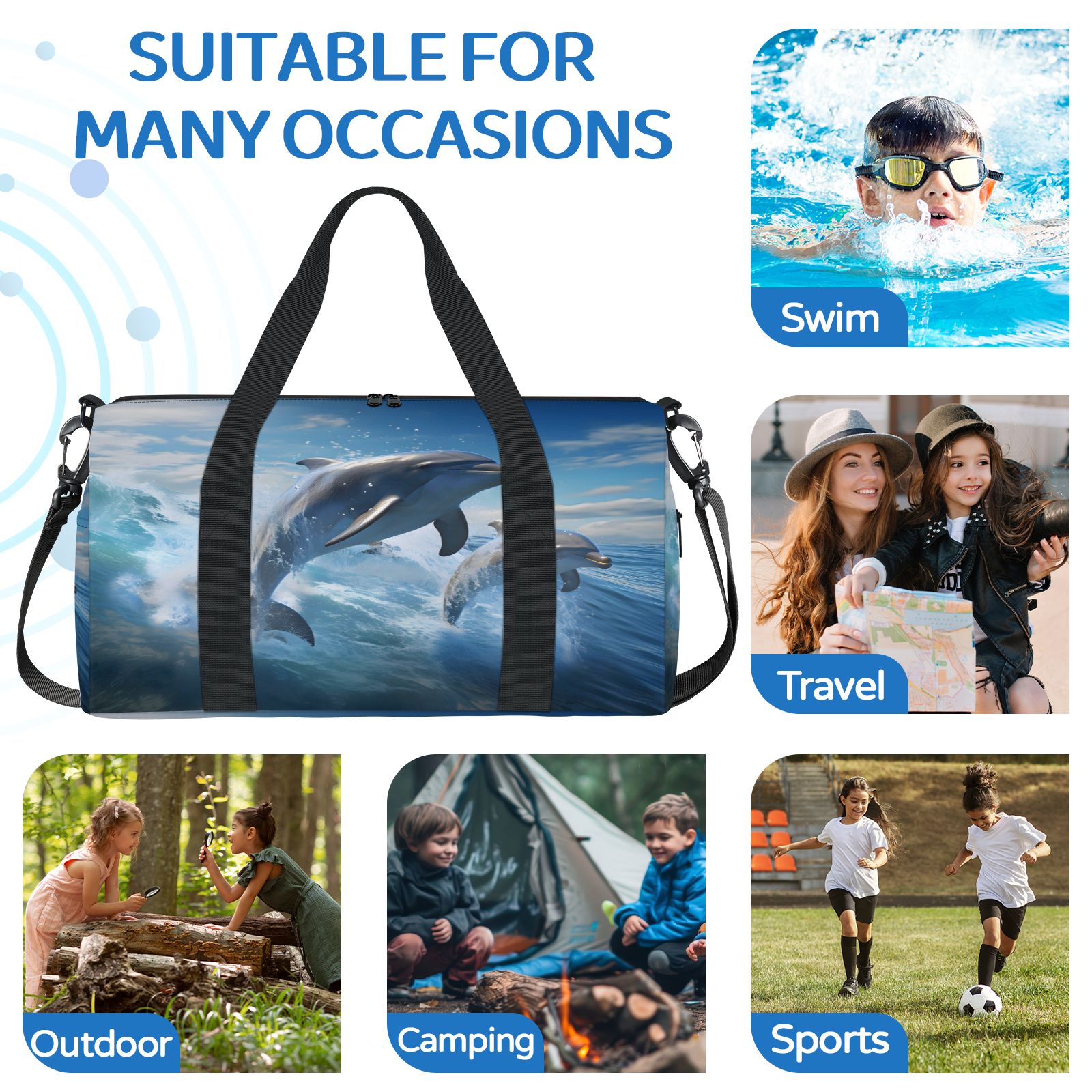 Herdesigns Ocean Dolphin Gym Bag for Women, Duffle Bag for Travel Sport, Lightweight Waterproof Carry on Weekender Overnight Dance Yoga Workout Bags