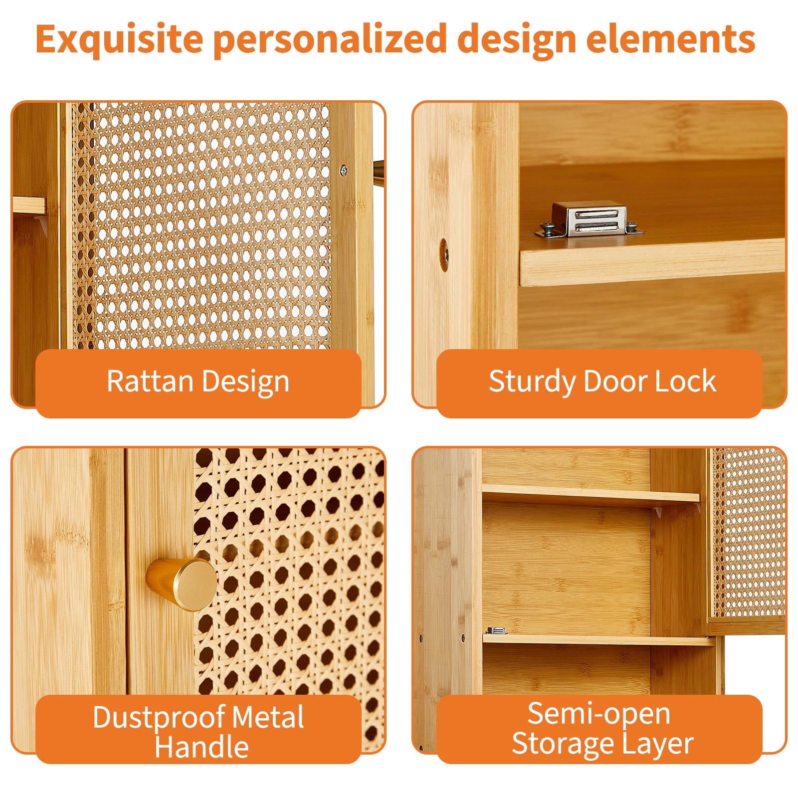 Garvee Bathroom Wall Cabinet, Bamboo Over-The-Toilet Storage Organizer with Rattan Doors and Adjustable Shelf, Space Saver Medicine Cabinet for Laundry, Kitchen, Living Room and Home Office Wood