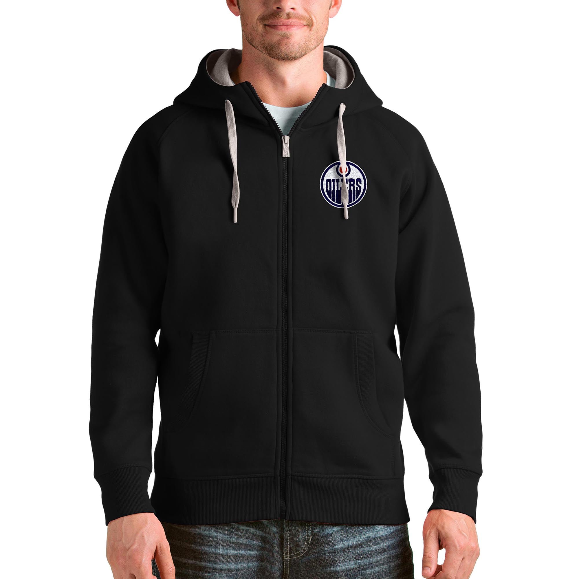 Men's Antigua Black Edmonton Oilers Logo Victory Full-Zip Hoodie