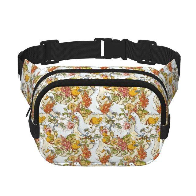 Fotbe Ducks and Flowers Cangurera Cuadrada con Estampado de Doble Capa, Bolsa de Cintura Ajustable Mini para Hombres y Mujeres